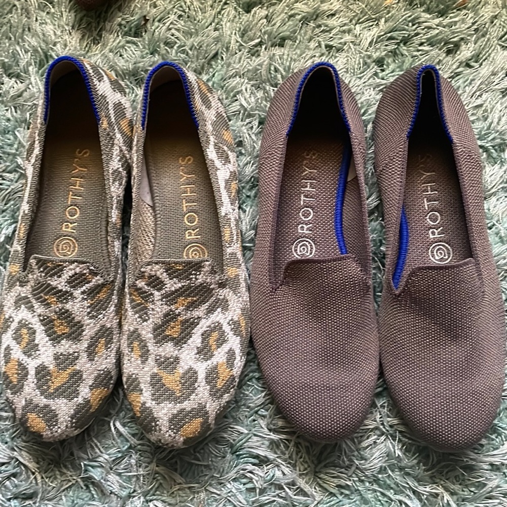 Two pairs of rothys original loafers, Sage smoke spot, and mocha sz 8